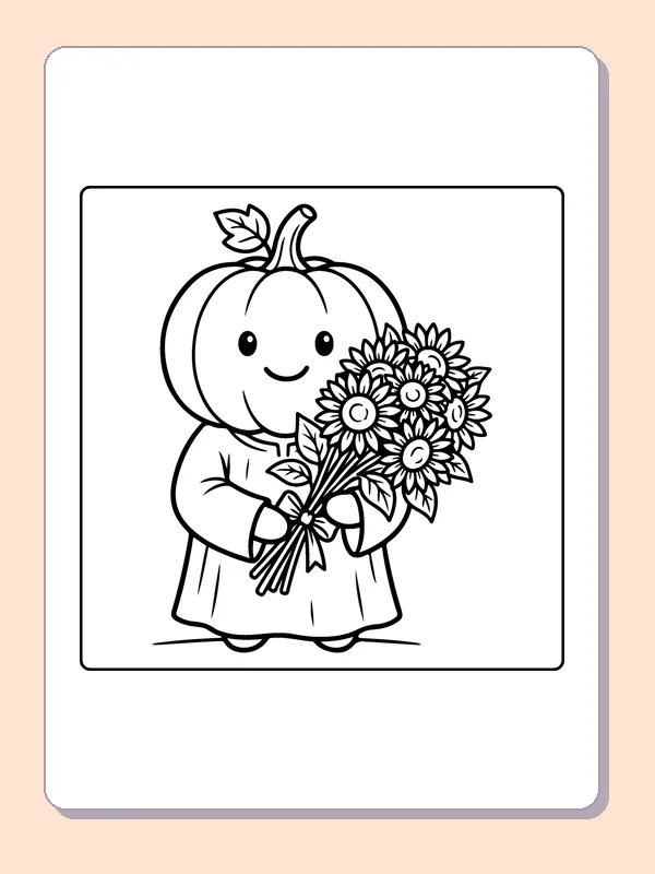 Pumpkin Holding a Bouquet coloring page, black and white printable line art