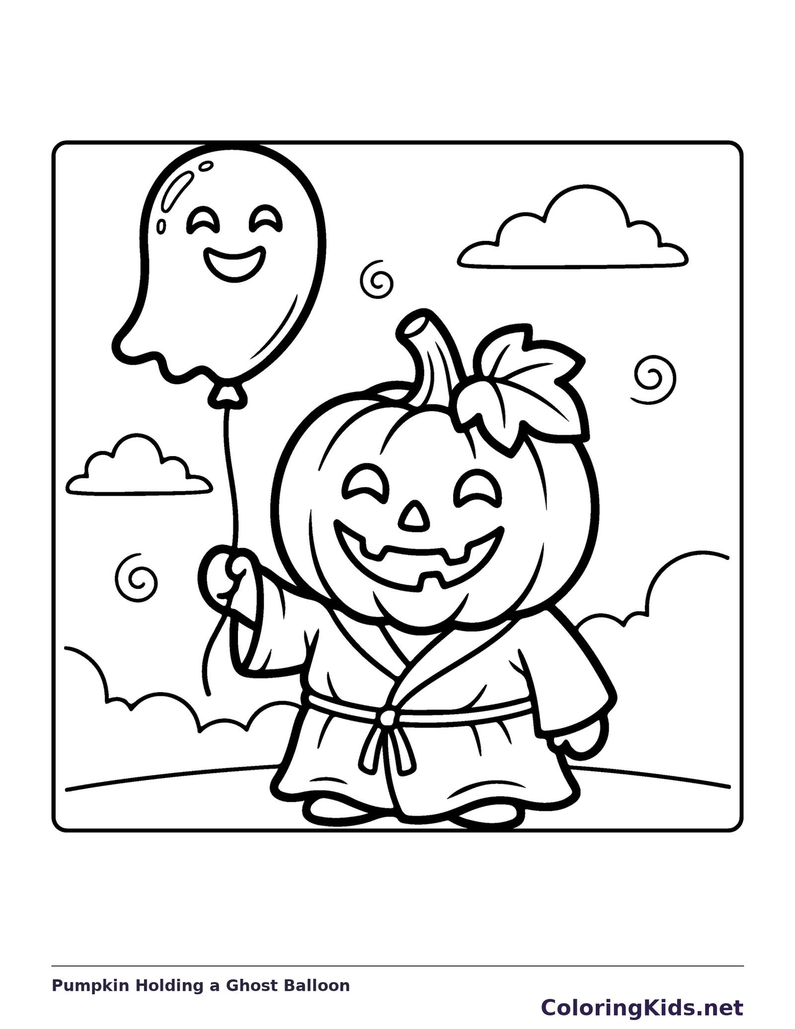 Pumpkin Holding a Ghost Balloon coloring page, black and white printable line art