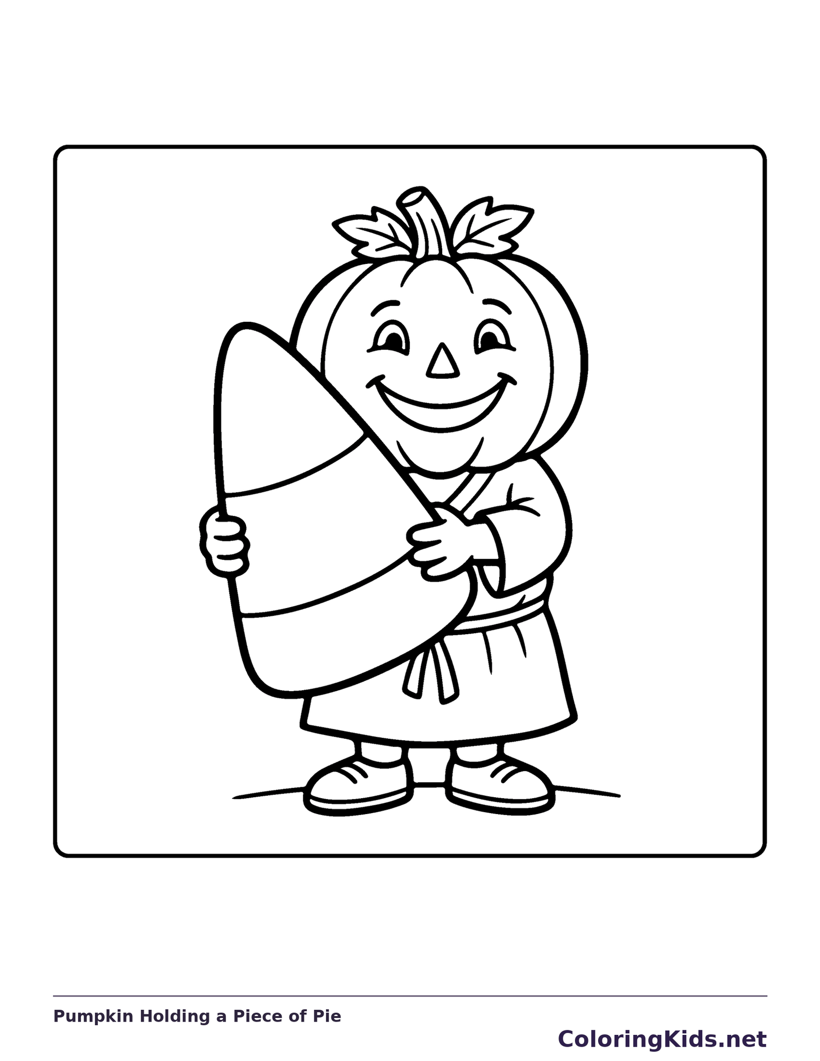 Pumpkin Holding a Piece of Pie coloring page, black and white printable line art