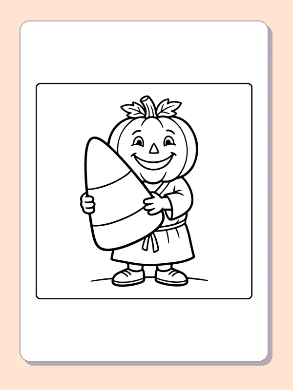 Pumpkin Holding a Piece of Pie coloring page, black and white printable line art