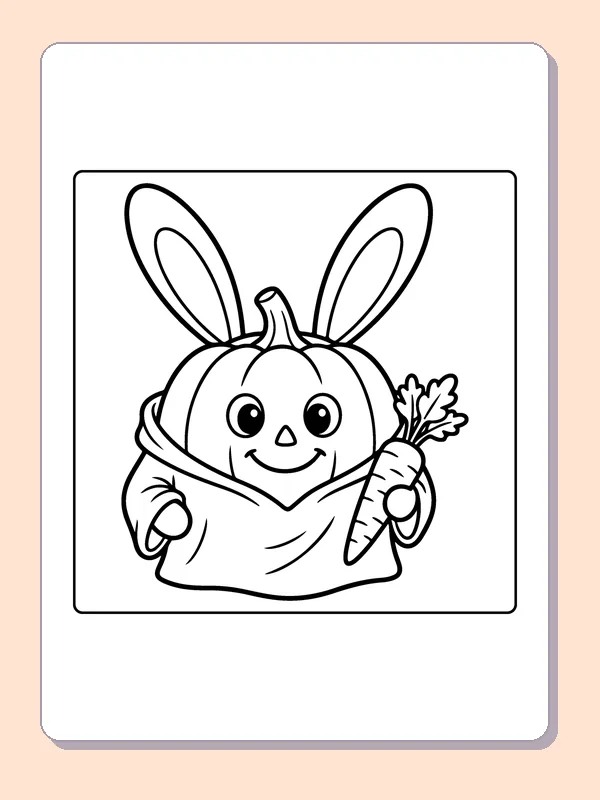 Pumpkin in a Bunny Costume coloring page, black and white printable line art