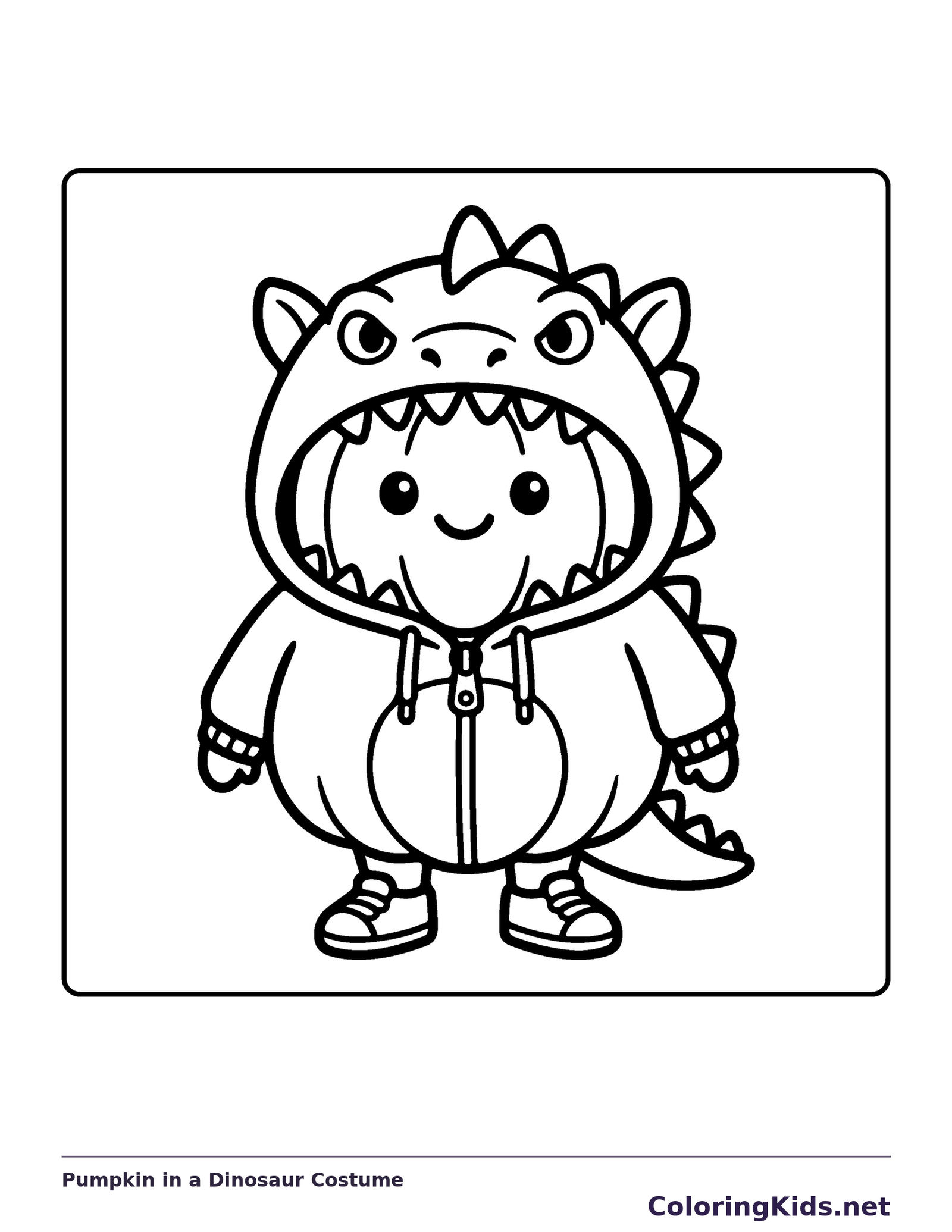 Pumpkin in a Dinosaur Costume coloring page, black and white printable line art