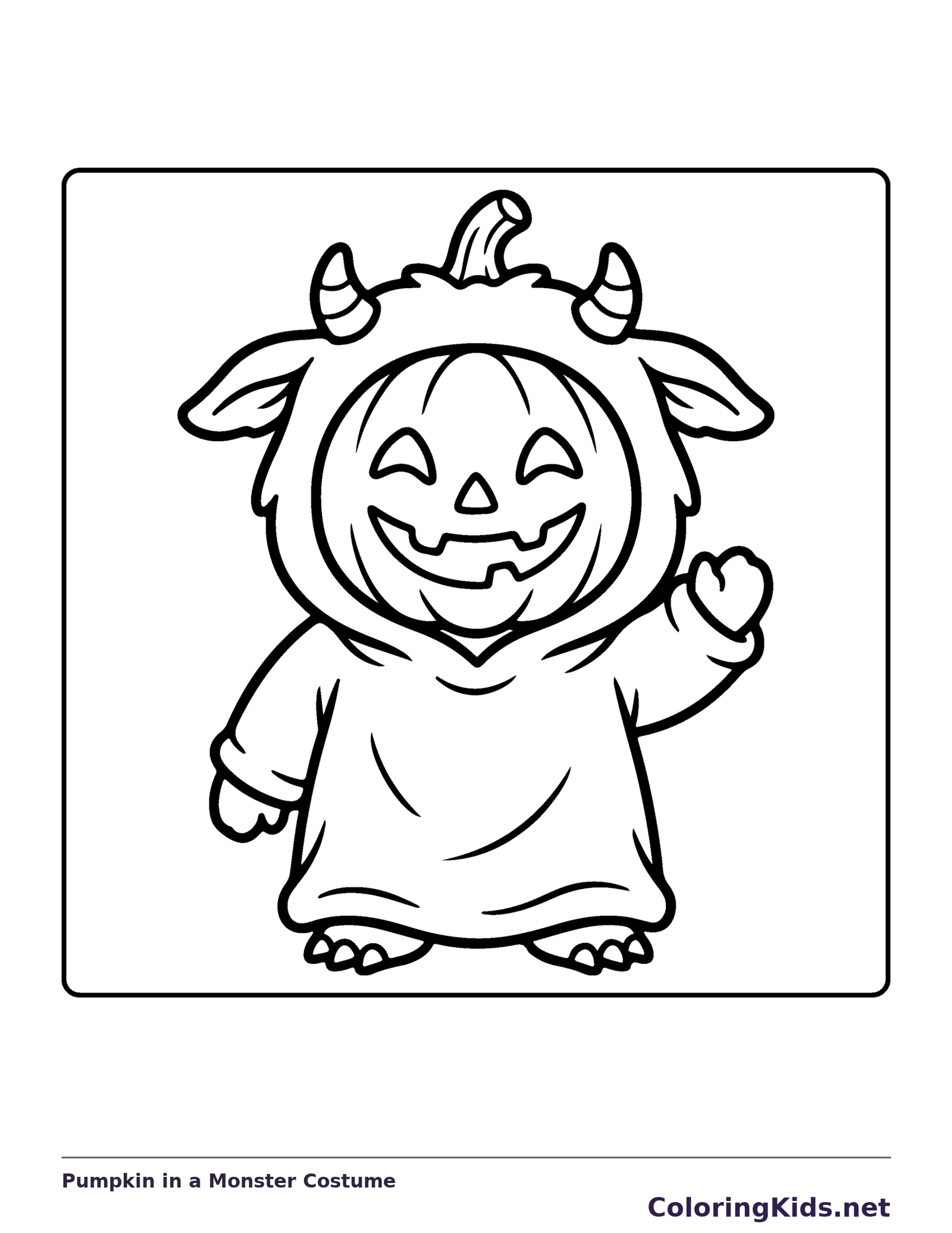 Pumpkin in a Monster Costume coloring page, black and white printable line art