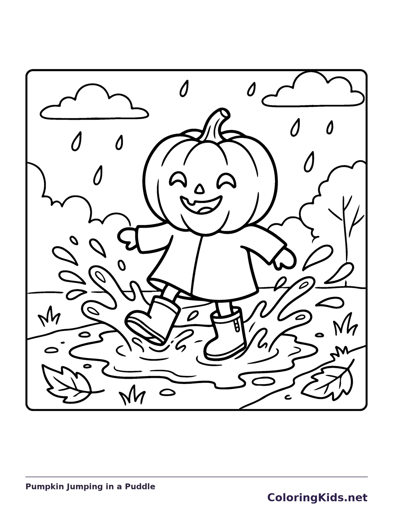 Pumpkin Jumping in a Puddle coloring page, black and white printable line art