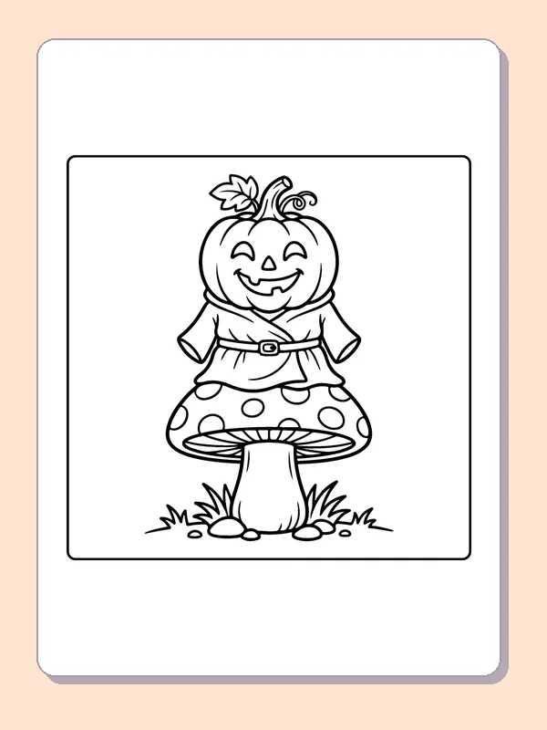 Pumpkin Perched on a Mushroom coloring page, black and white printable line art