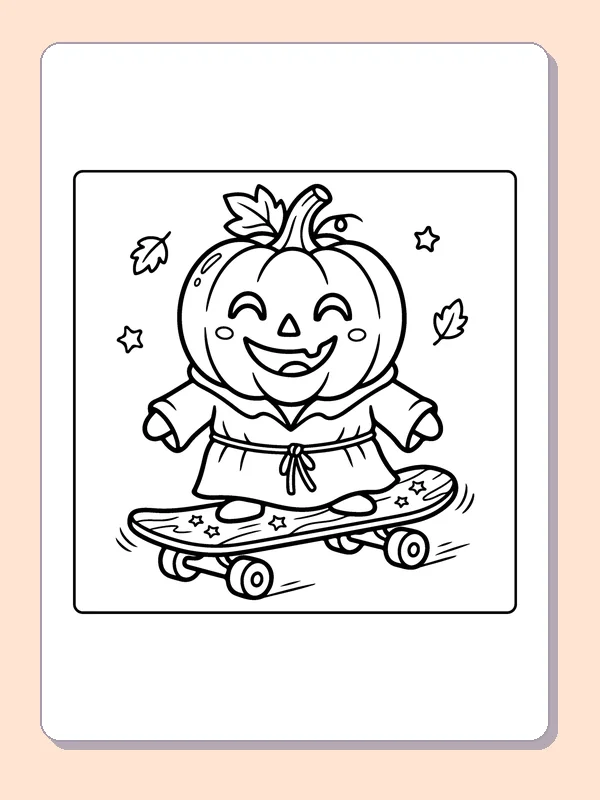 Pumpkin Riding a Skateboard coloring page, black and white printable line art