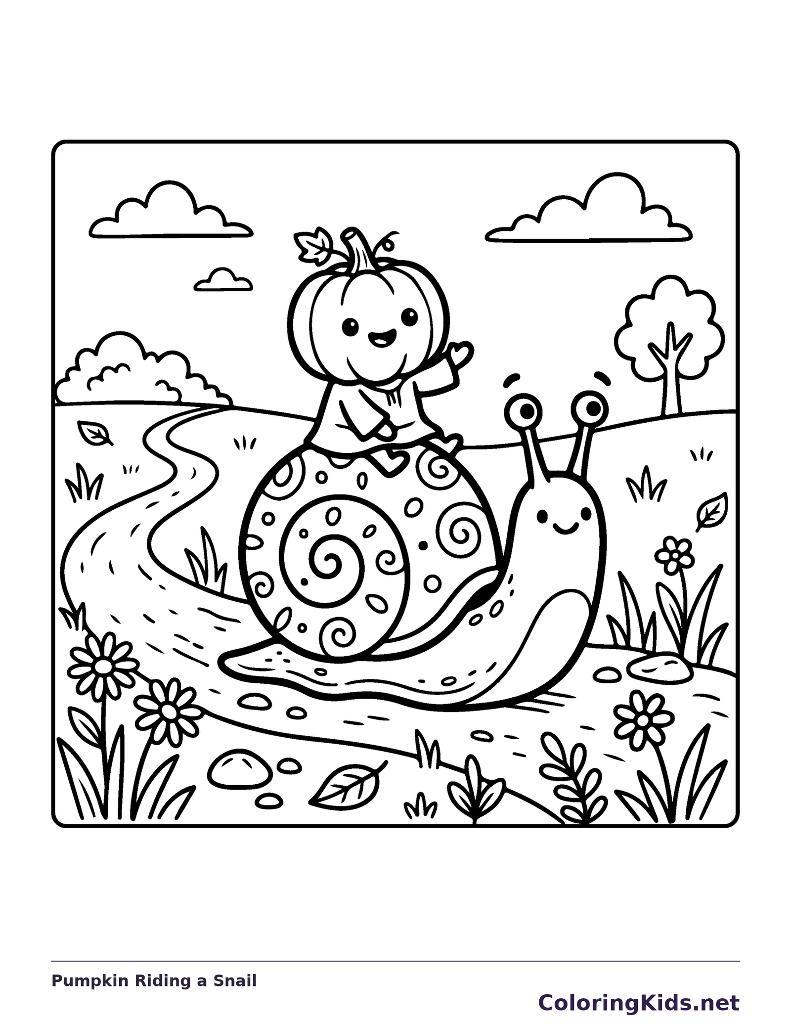Pumpkin Riding a Snail coloring page, black and white printable line art