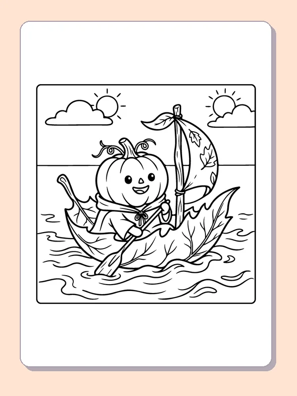 Pumpkin Sailing on a Leaf coloring page, black and white printable line art
