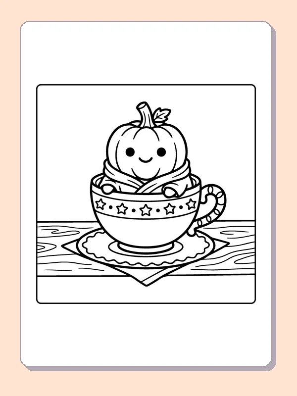 Pumpkin Sitting in a Teacup coloring page, black and white printable line art