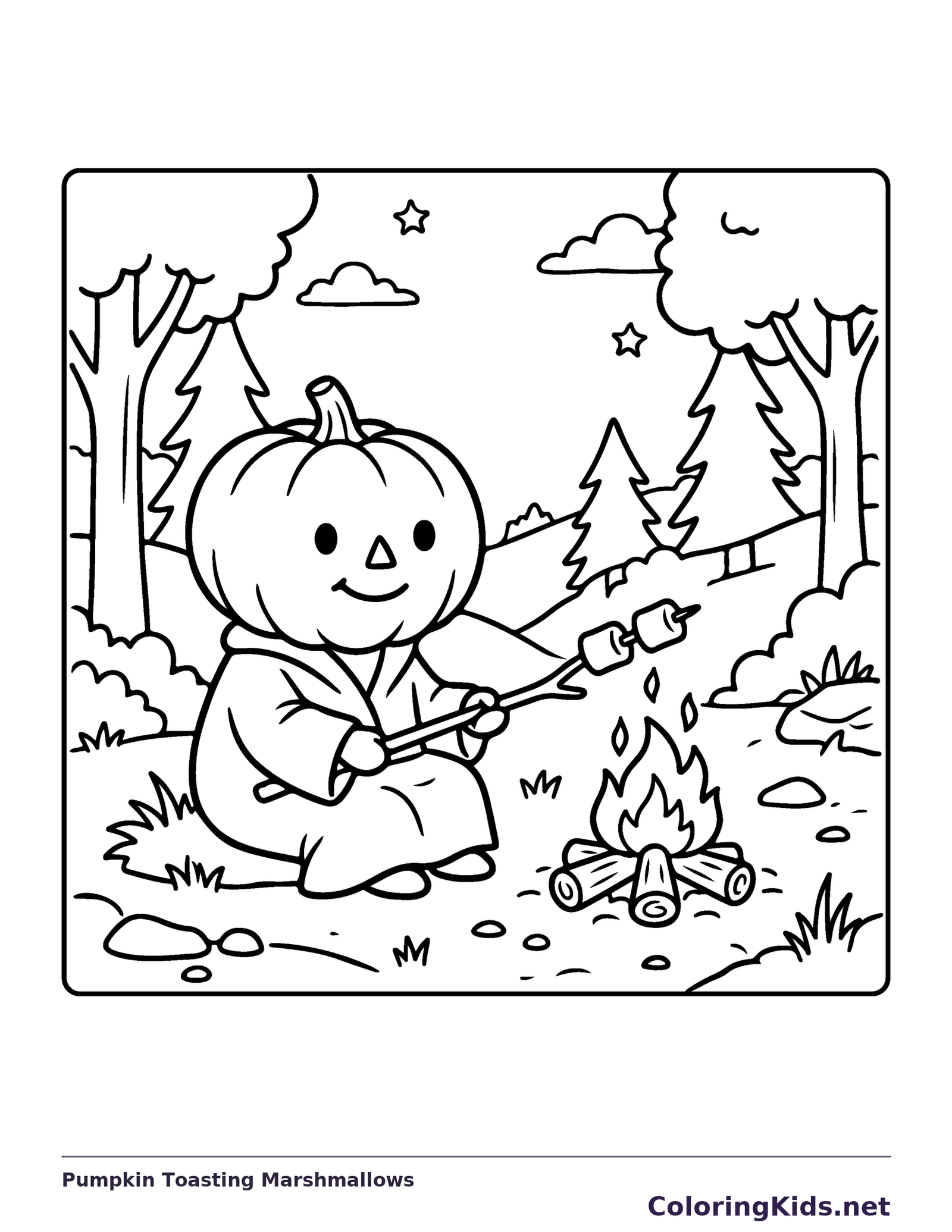 Pumpkin Toasting Marshmallows coloring page, black and white printable line art