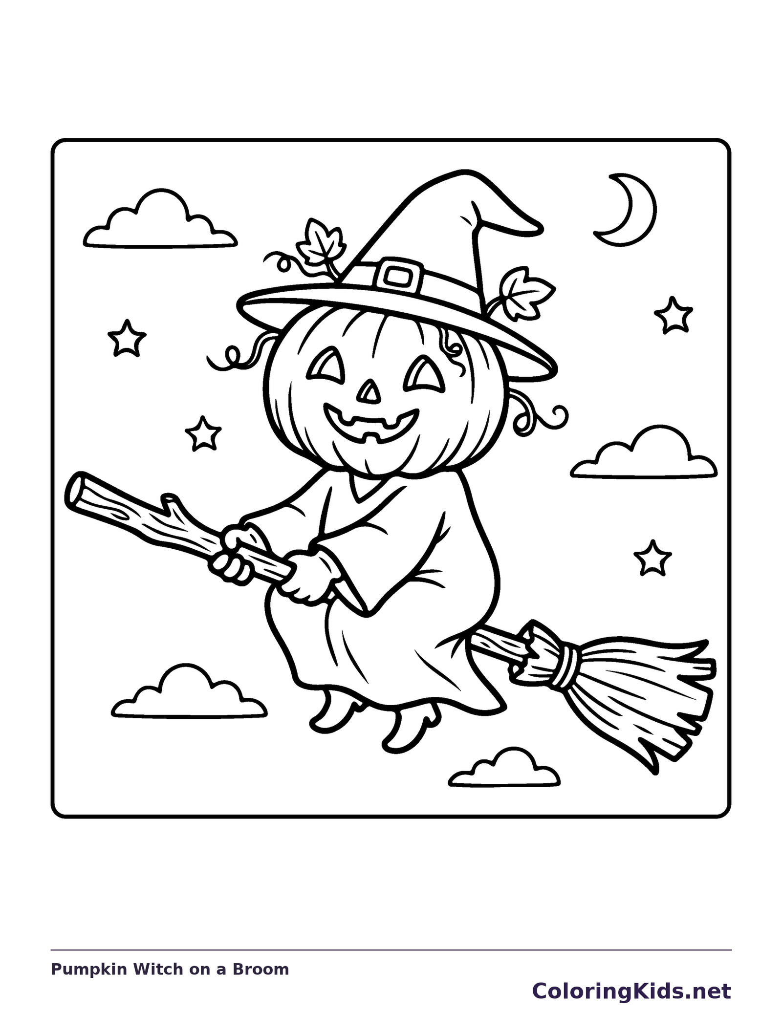 Pumpkin Witch on a Broom coloring page, black and white printable line art