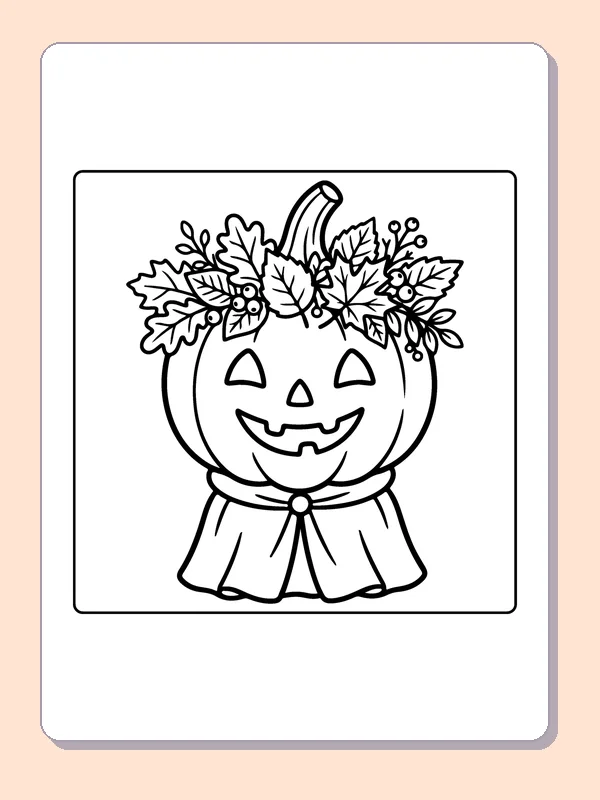Pumpkin with a Flower Crown coloring page, black and white printable line art