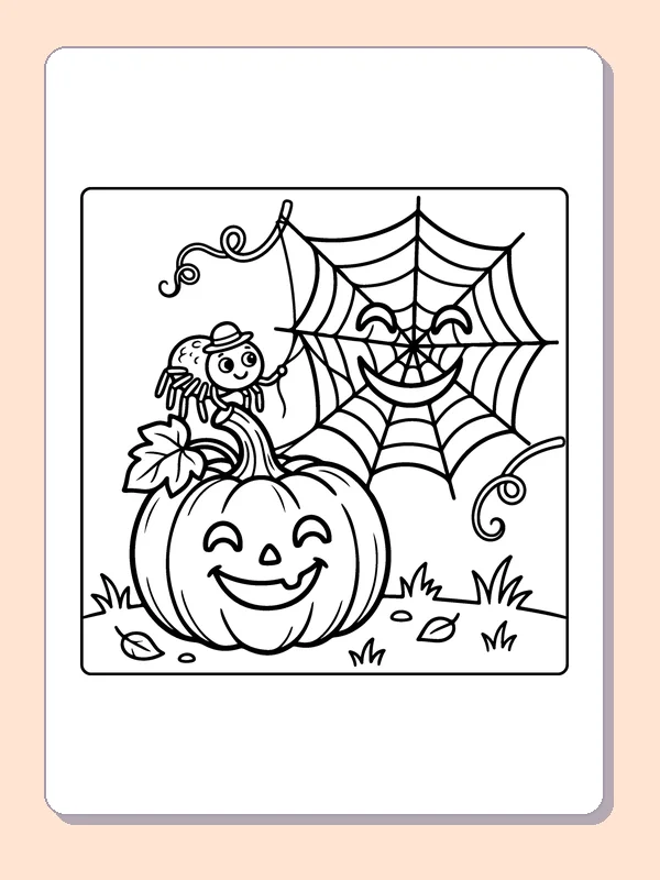 Spider by a Smiling Pumpkin coloring page, black and white printable line art