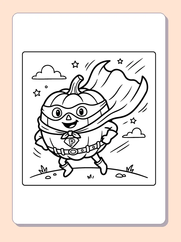 Superhero Pumpkin Flying coloring page, black and white printable line art