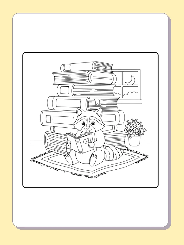 Black and white printable raccoon beneath a tower of books coloring sheet