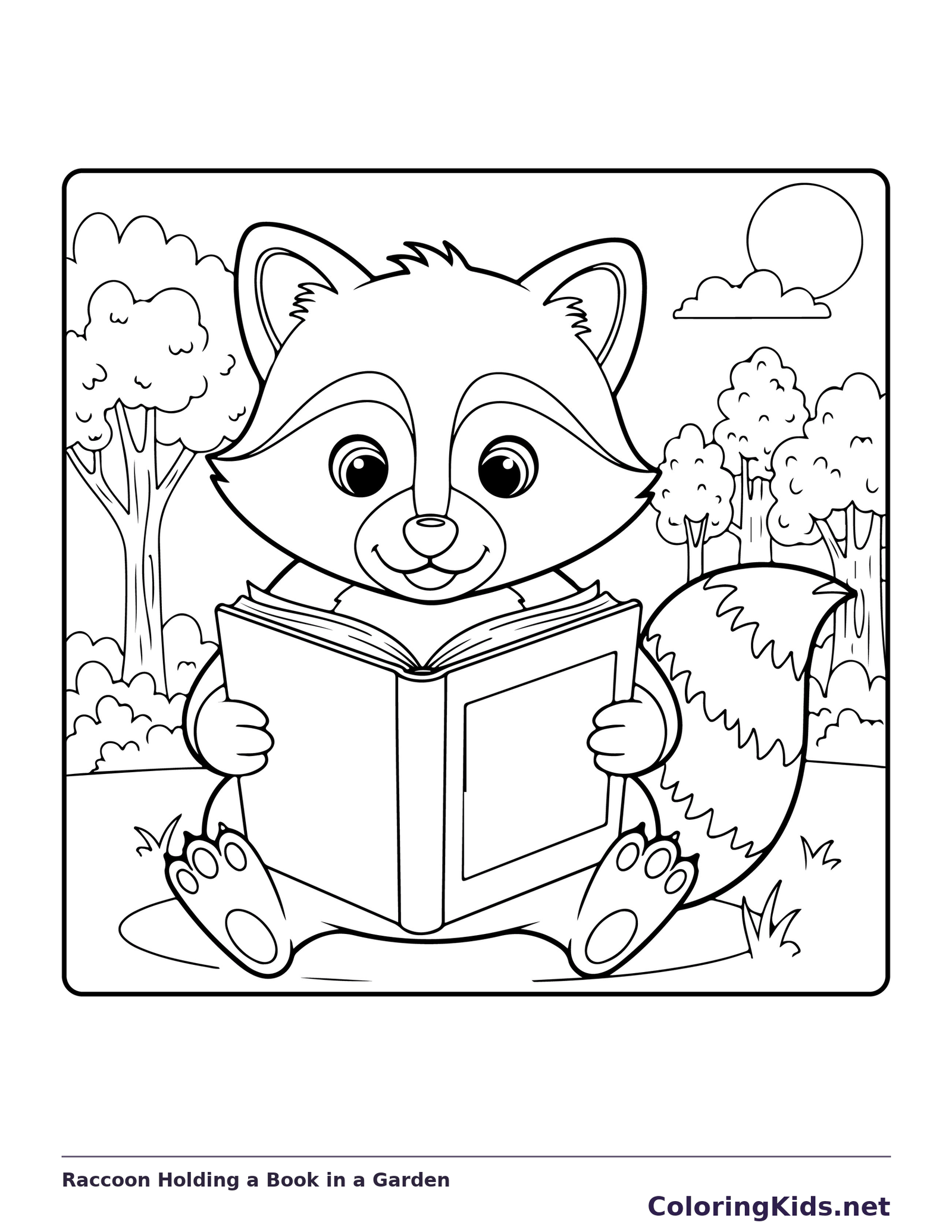 Black and white printable raccoon holding a book in a garden coloring sheet