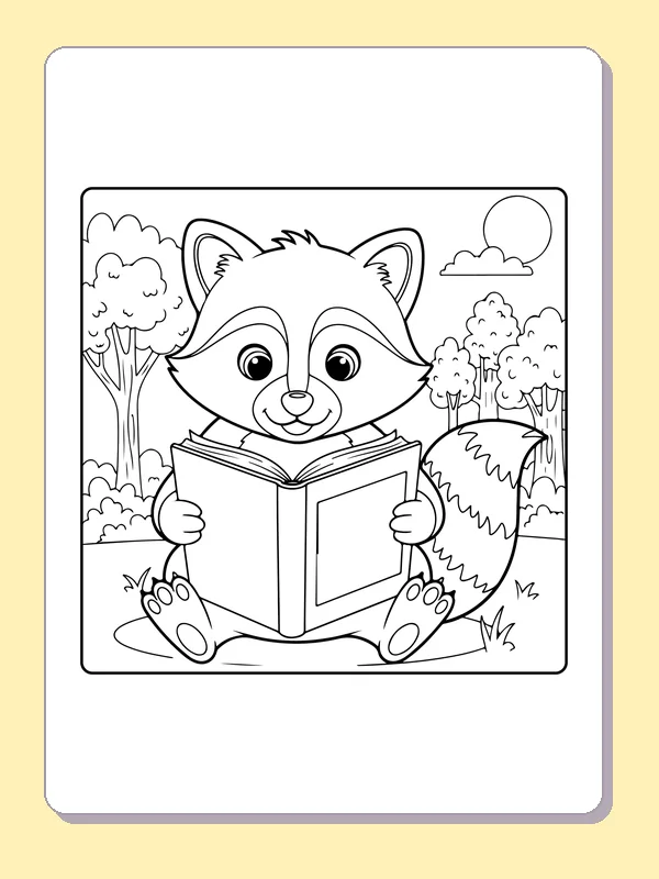Black and white printable raccoon holding a book in a garden coloring sheet