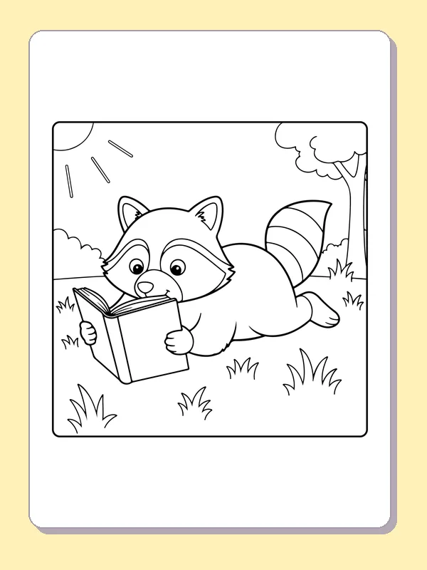 Black and white printable raccoon lying in grass with a book coloring sheet