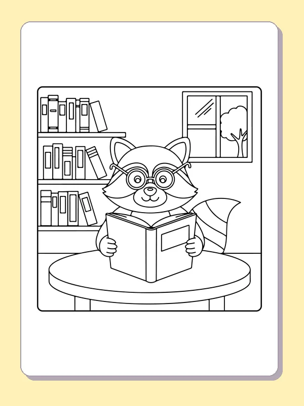 Black and white printable raccoon reading at a library table coloring sheet