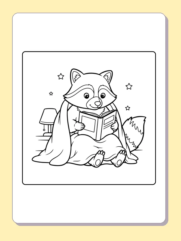 Black and white printable raccoon reading beneath a blanket coloring sheet