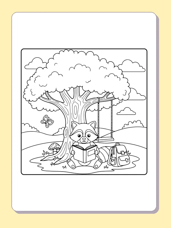 Black and white printable raccoon reading beneath a shade tree coloring sheet