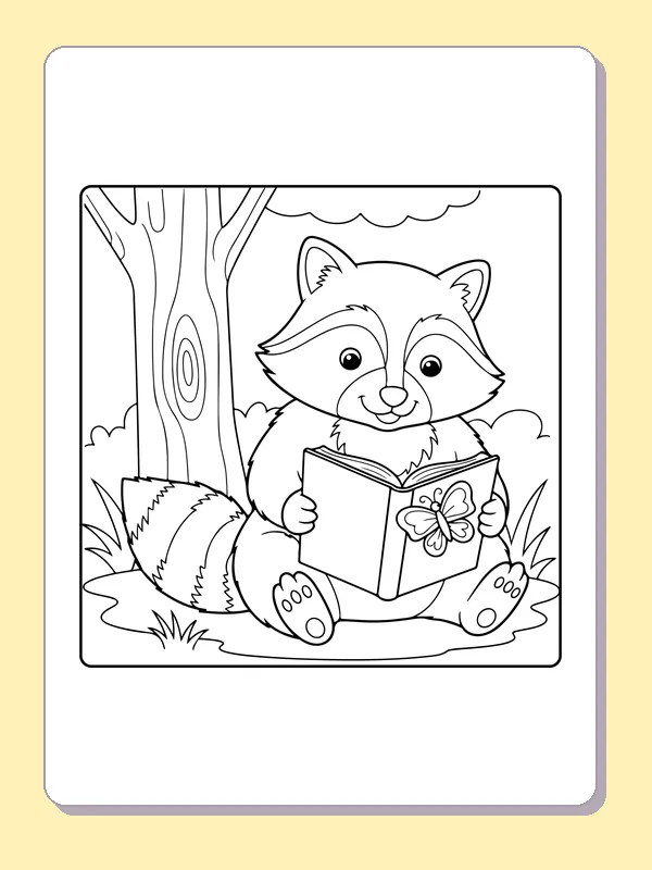 Black and white printable raccoon reading beneath a tree trunk coloring sheet