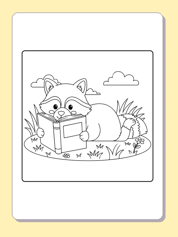 Black and white printable raccoon reading beside a flower coloring sheet
