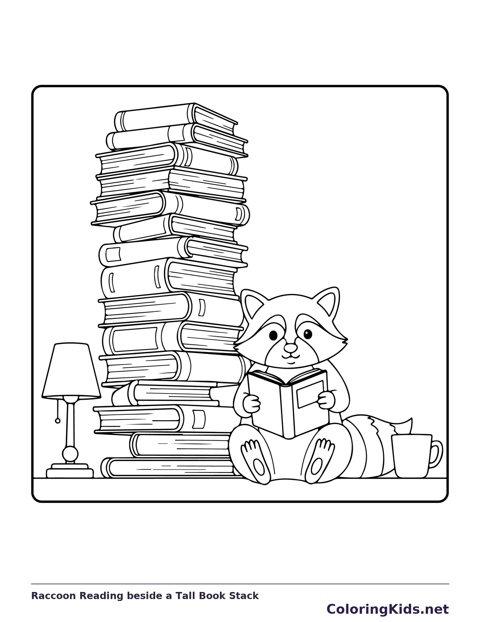 Black and white printable raccoon reading beside a tall book stack coloring sheet