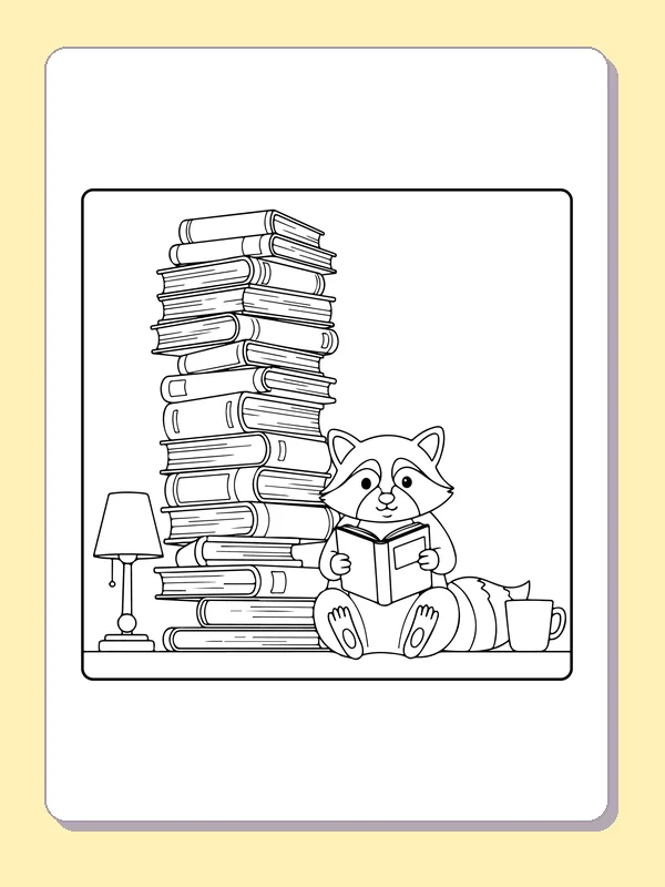 Black and white printable raccoon reading beside a tall book stack coloring sheet