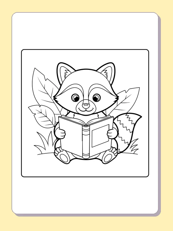 Black and white printable raccoon reading beside tall leaves coloring sheet