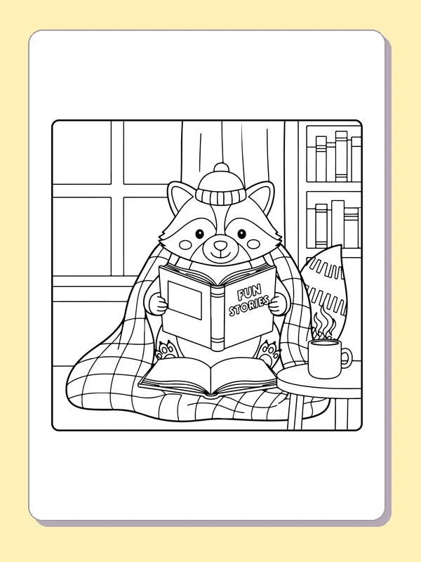 Black and white printable raccoon reading by a rainy window coloring sheet