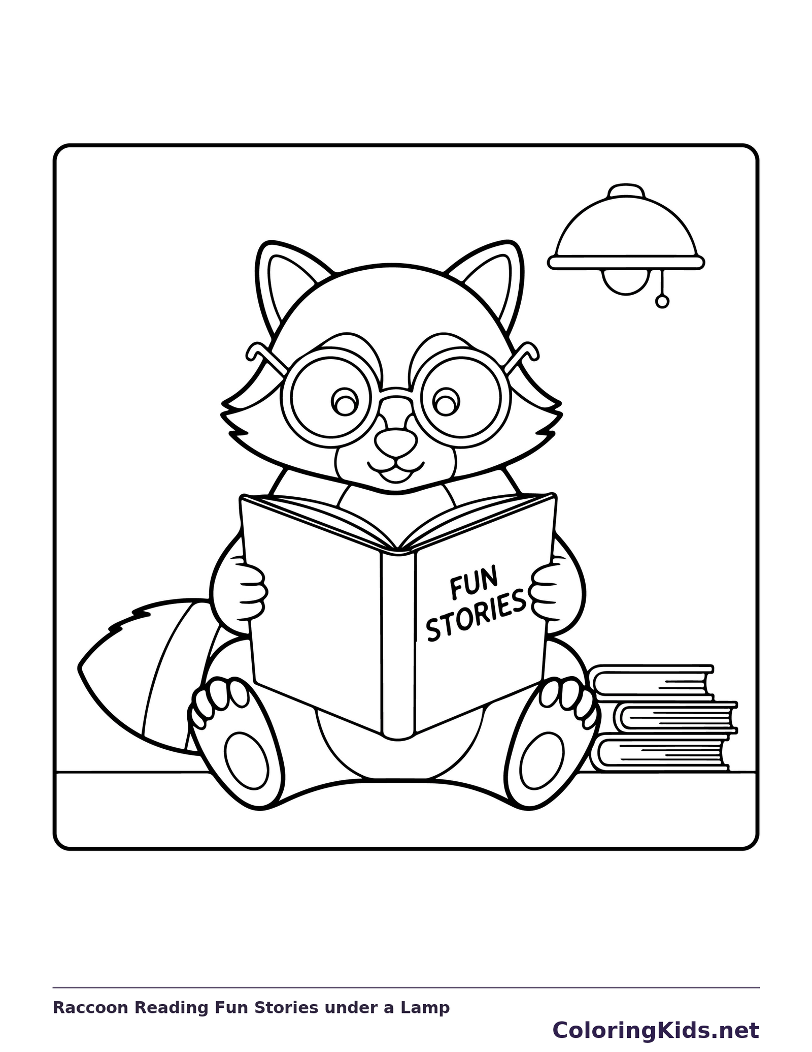 Black and white printable raccoon reading fun stories under a lamp coloring sheet