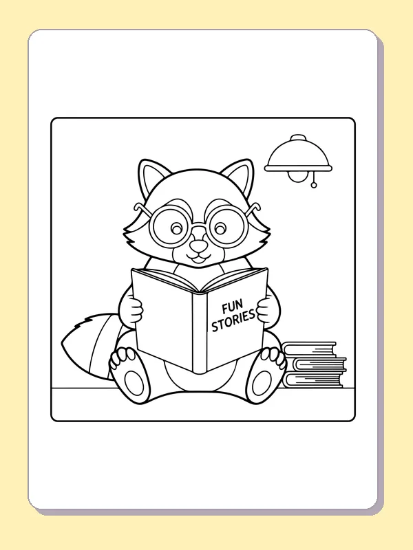 Black and white printable raccoon reading fun stories under a lamp coloring sheet