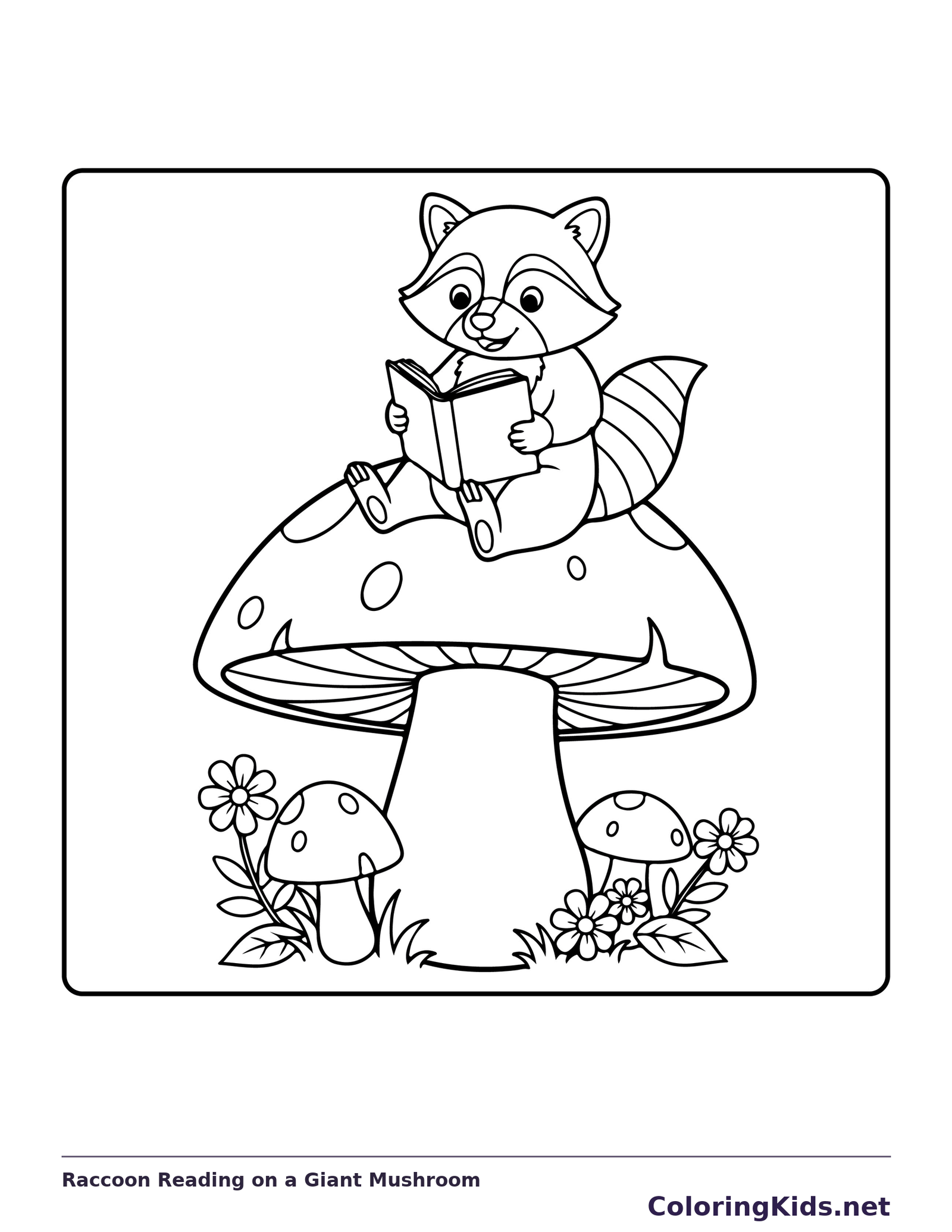 Black and white printable raccoon reading on a giant mushroom coloring sheet