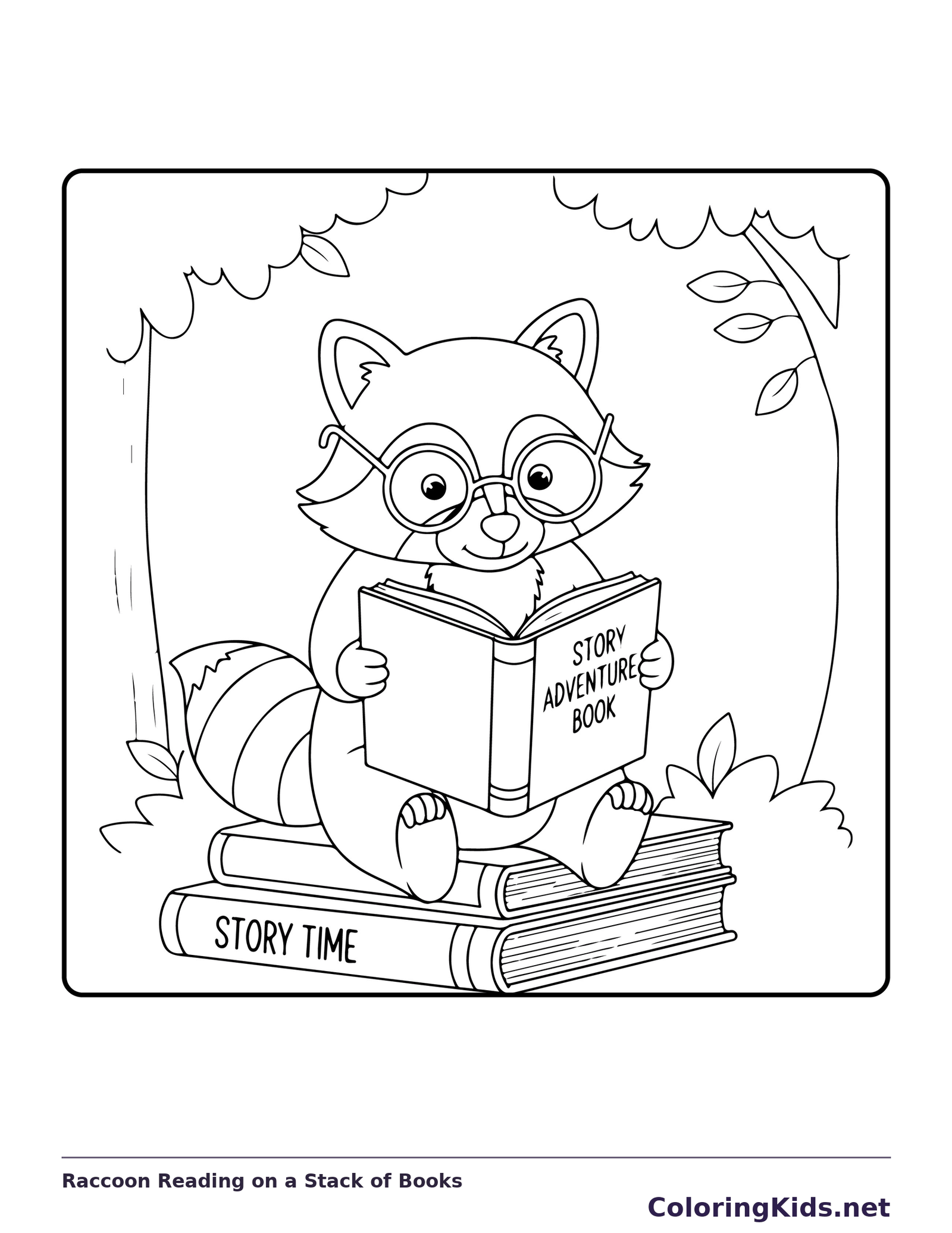 Black and white printable raccoon reading on a stack of books coloring sheet