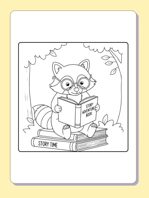 Black and white printable raccoon reading on a stack of books coloring sheet
