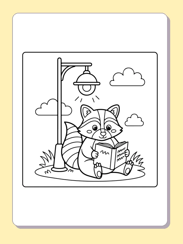 Black and white printable raccoon reading under a streetlamp coloring sheet