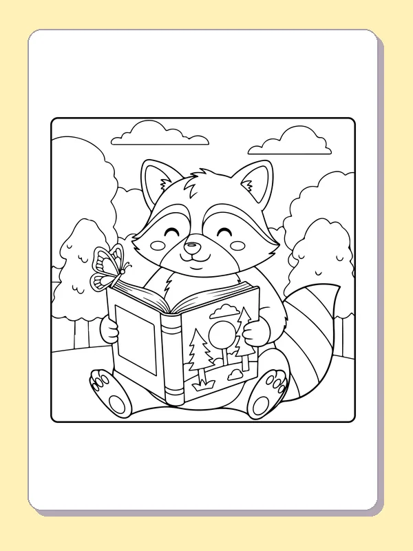 Black and white printable raccoon reading with a friend outdoors coloring sheet
