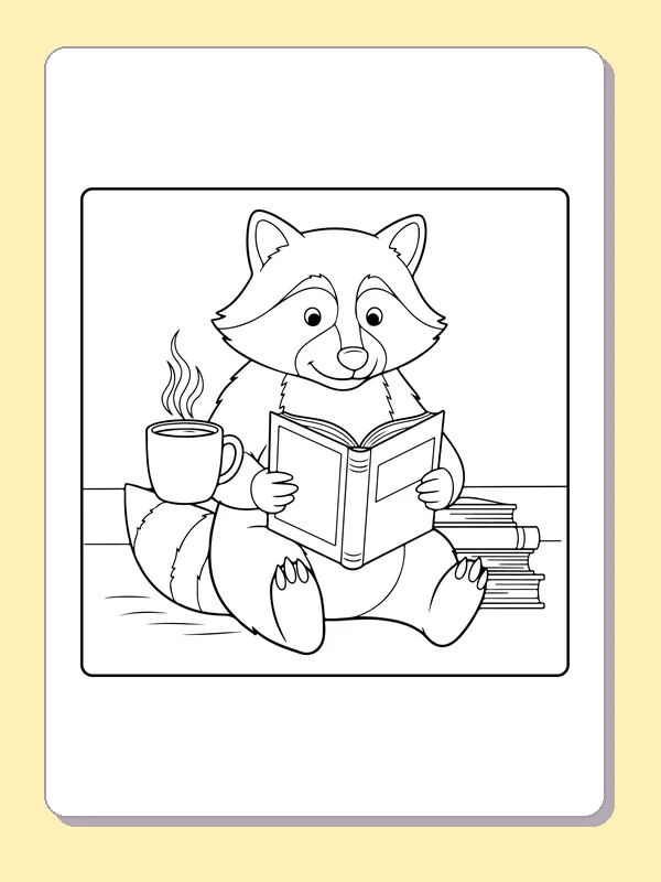Black and white printable raccoon reading with a warm mug coloring sheet