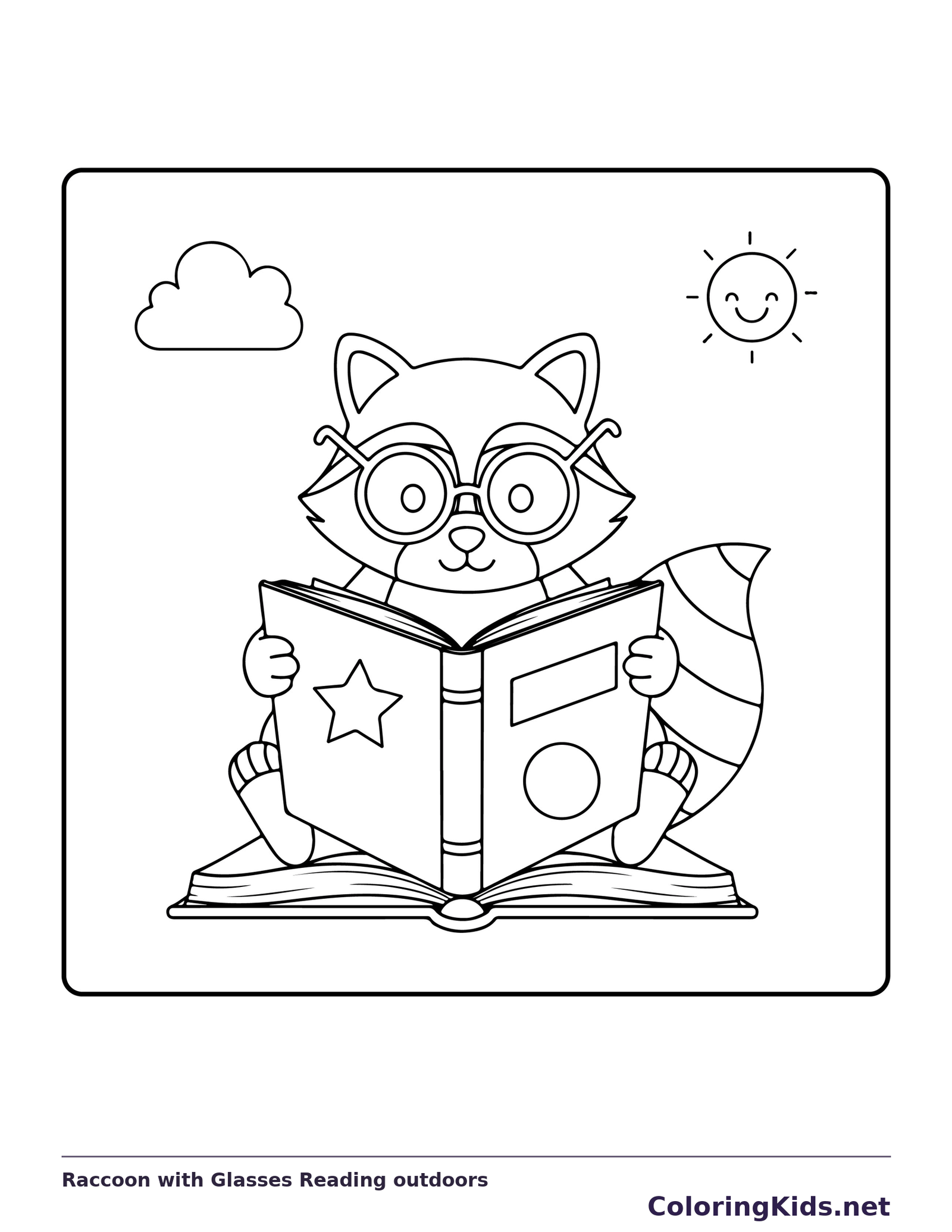 Black and white printable raccoon with glasses reading outdoors coloring sheet