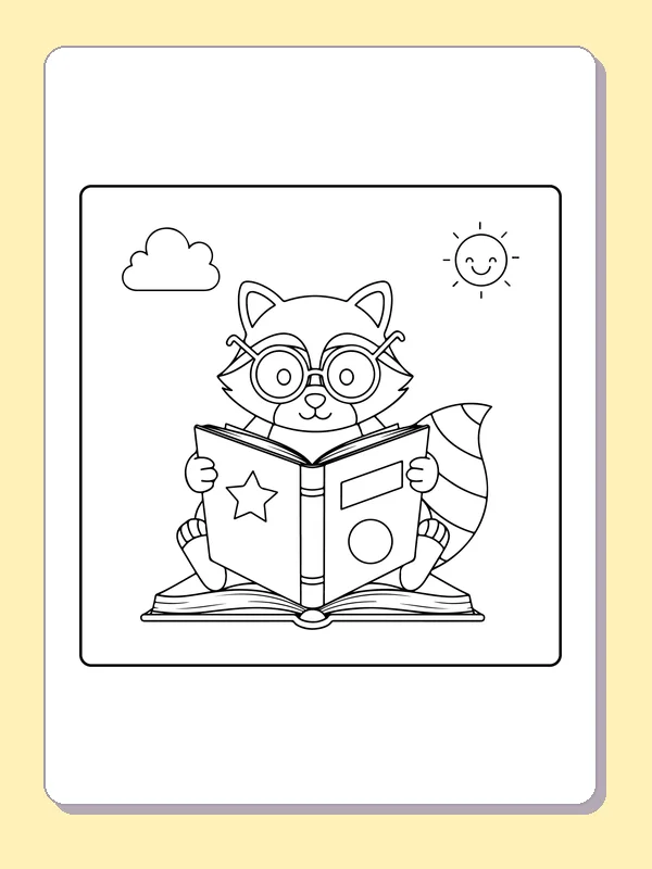 Black and white printable raccoon with glasses reading outdoors coloring sheet