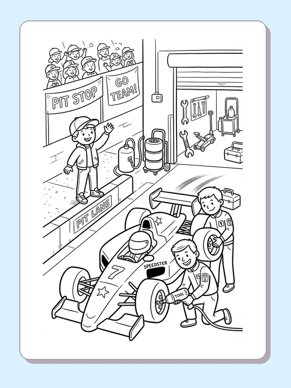 Black and white coloring page of young mechanics changing a wheel while another child cheers from the garage