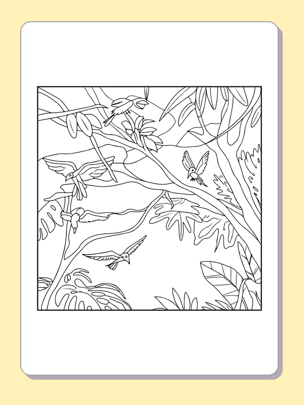 Black and white printable rainforest birds among twisting branches coloring sheet