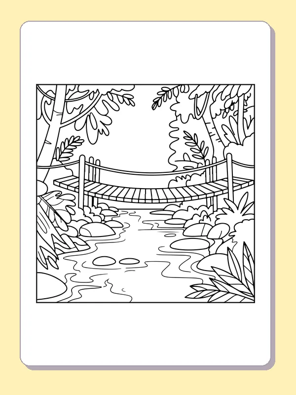 Black and white printable rainforest bridge over a rainforest creek coloring sheet