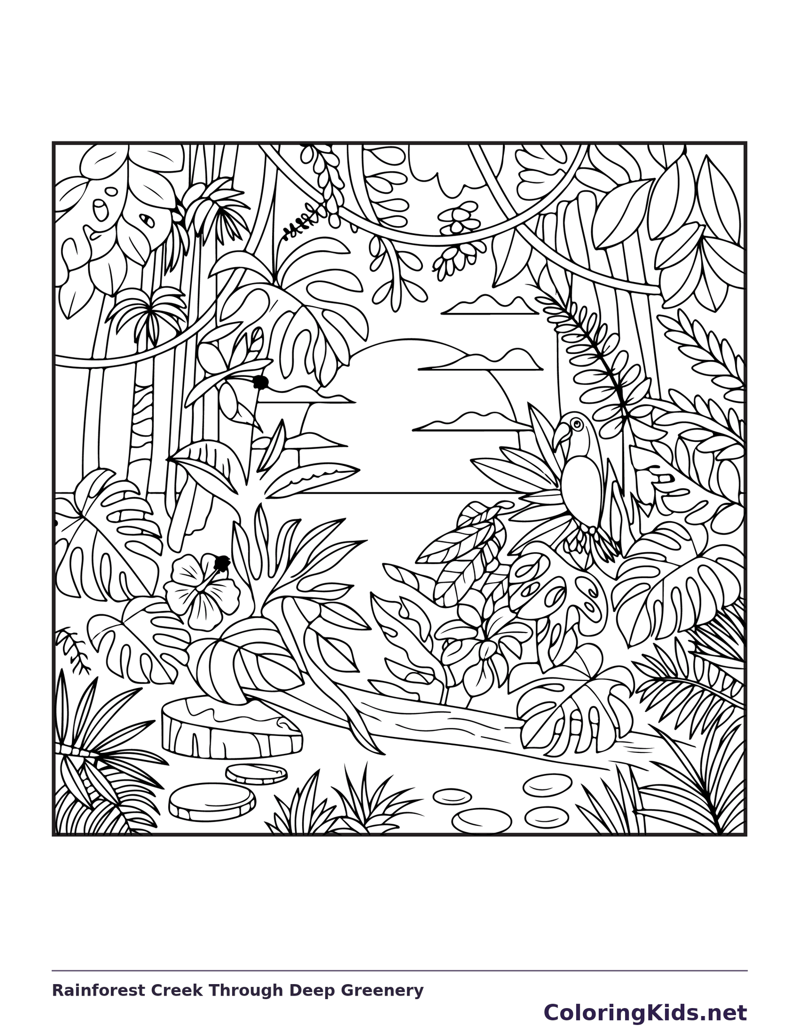 Black and white printable rainforest creek through deep greenery coloring sheet