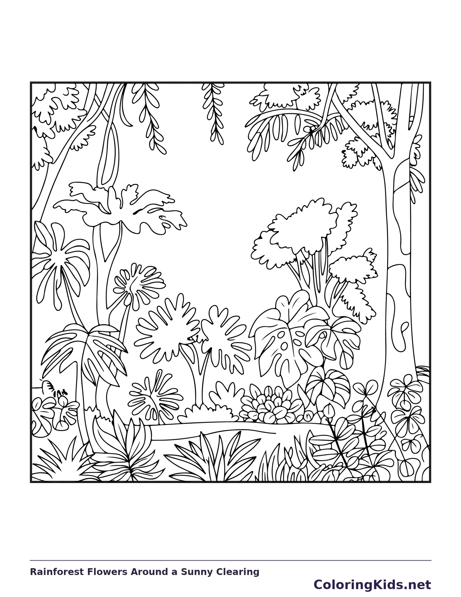 Black and white printable rainforest flowers around a sunny clearing coloring sheet