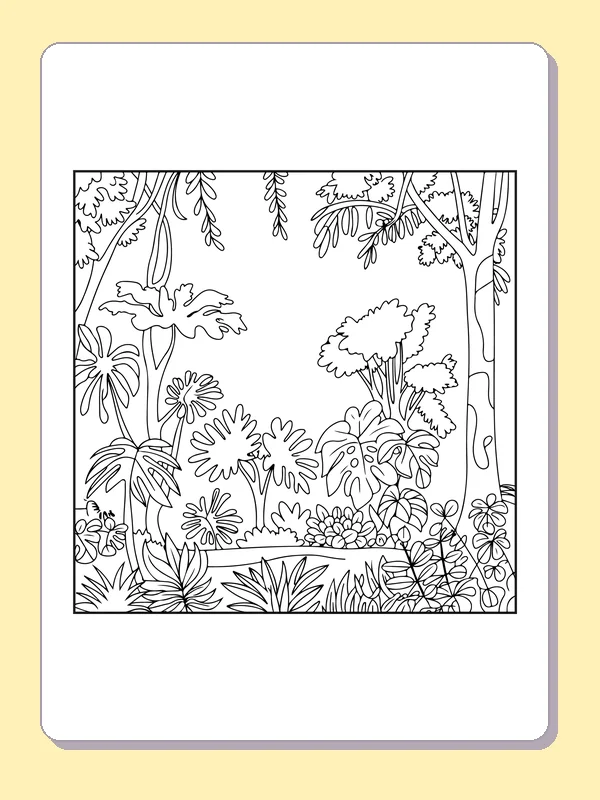 Black and white printable rainforest flowers around a sunny clearing coloring sheet