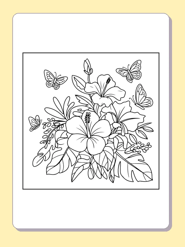 Black and white printable rainforest hibiscus bouquet with butterflies coloring sheet