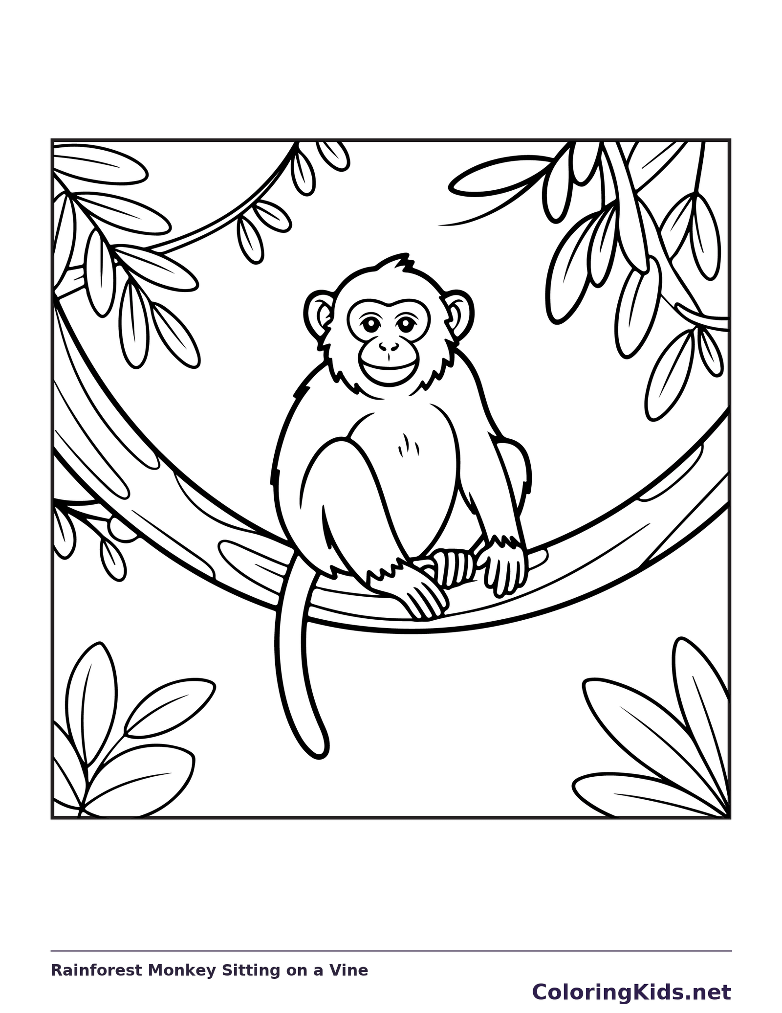 Black and white printable rainforest monkey sitting on a vine coloring sheet