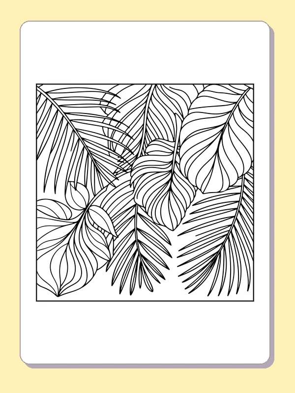 Black and white printable rainforest palm and monstera leaf pattern coloring sheet